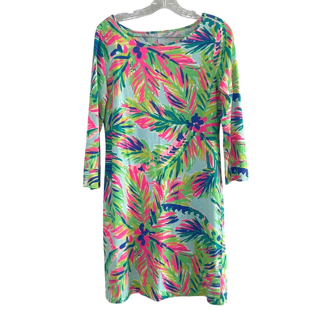 Lilly Pulitzer Marlowe Dress Pima Cotton Tropical Palm 3/4 Sleeve Pink Green M